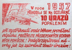 Plakátek nabádající k bezpečnosti práce z 50. let.